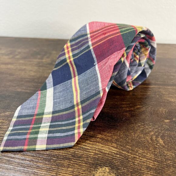 Reis of New Haven Neck Tie Mark Fore Strike Plaid Linen Cotton Holiday Work VTG - Picture 6 of 8